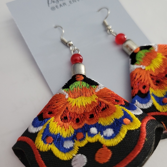 Gorgeous Embroidered Floral Boho Dangle Earrings - Picture 2 of 4